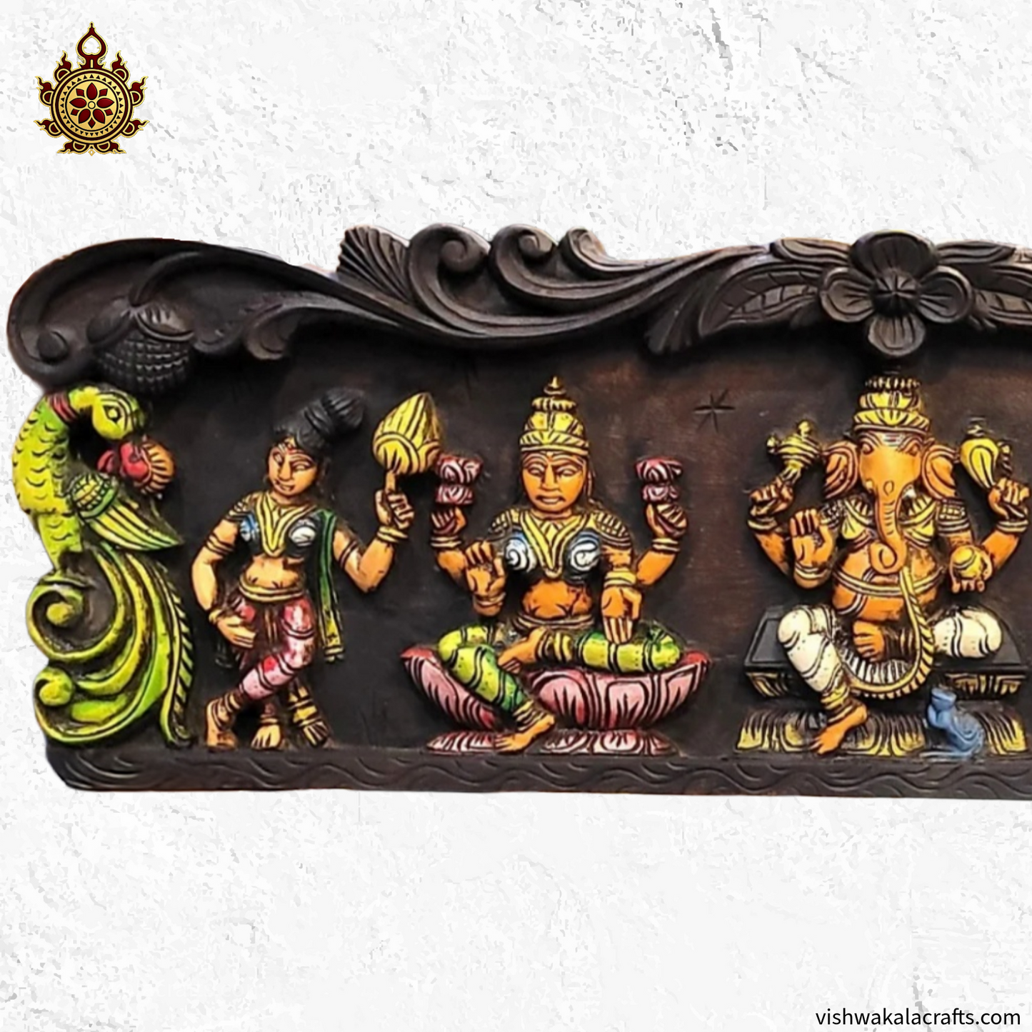 Ganesha Lakshmi Saraswathi With Double Parrot Wooden Wall panel