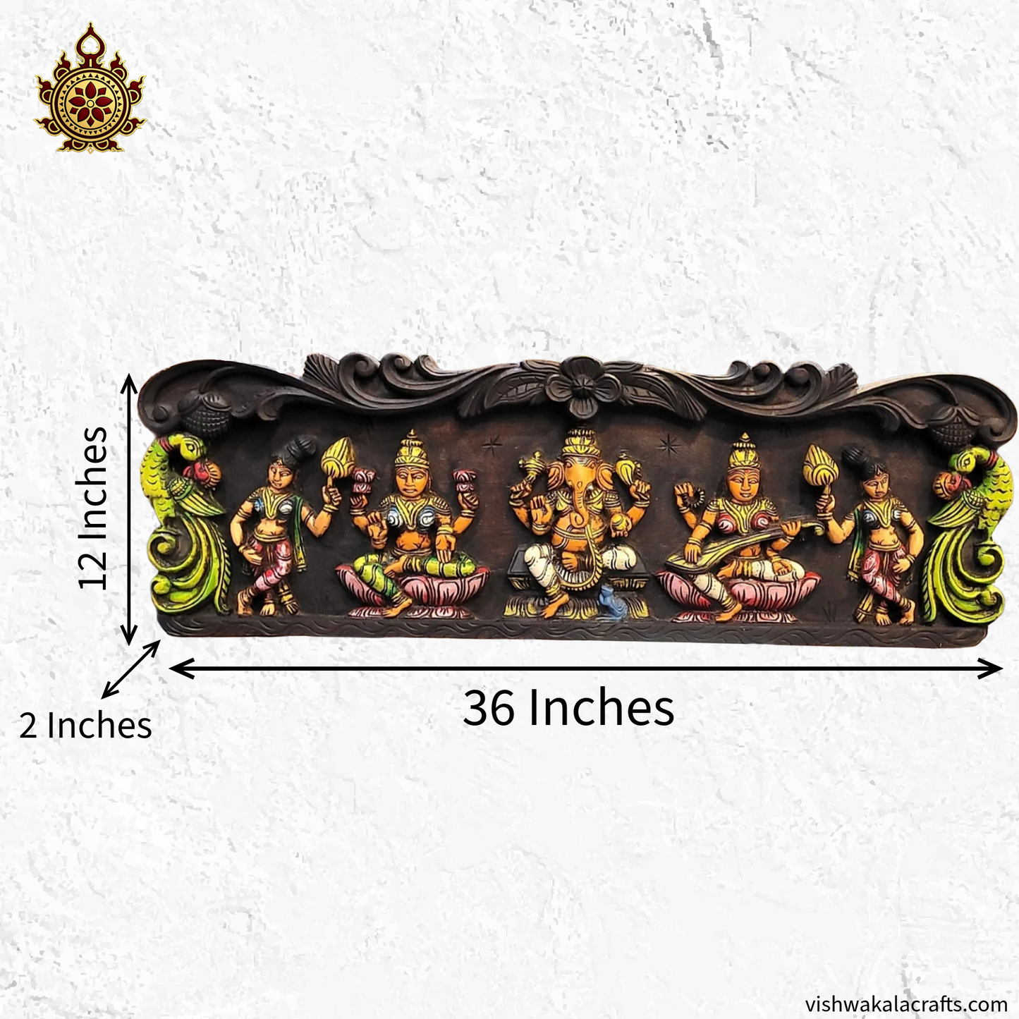 Ganesha Lakshmi Saraswathi With Double Parrot Wooden Wall panel
