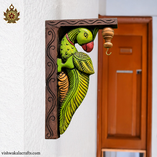 Parrot Wood Carving Wall Bracket - Home decor traditional chettinad handcraft  (12x8x2) (Single)