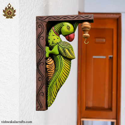Parrot Wood Carving Wall Bracket - Home decor traditional chettinad handcraft  (12x8x2) (Single)