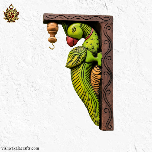 Parrot Wood Carving Wall Bracket - Home decor traditional chettinad handcraft  (12x8x2) (Single)