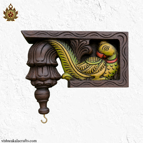 Parrot bodhil wood carving wall bracket corbel traditional chettinad handicrafts (9x9x3) Inches (Single)
