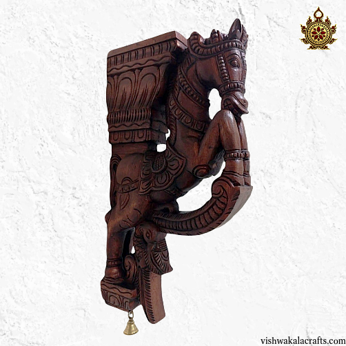 Woodcarved Horse Wall Bracket with Peacock & Annams Carvings. (18x12x3) Inches (Single)