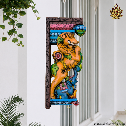 Yali / Yazhi with Blue Elephant Wall Bracket-Corbel Dark Orange Yali wood carving (18x9x3) Inches (Single)