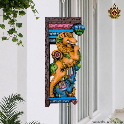 Yali / Yazhi with Blue Elephant Wall Bracket-Corbel Dark Orange Yali wood carving (18x9x3) Inches (Single)