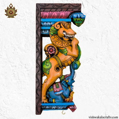 Yali / Yazhi with Blue Elephant Wall Bracket-Corbel Dark Orange Yali wood carving (18x9x3) Inches (Single)