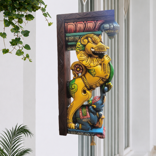 Yali / Yazhi Yellow colour with elephant wall bracket-traditional chettinad handicrafts (18x9x3) Inches (Single)