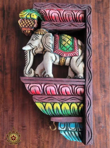 Chettinad full elephant wall bracket white mahogany wood carving traditional indian handicrafts ethnic decor (Single)