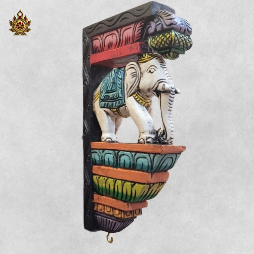 Chettinad full elephant wall bracket white mahogany wood carving traditional indian handicrafts ethnic decor (Single)