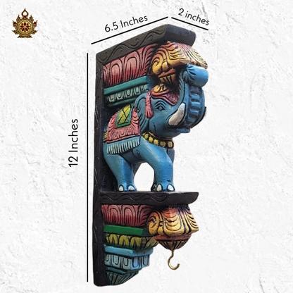 Chettinad Full Elephant Wall Bracket / Corbel Blue Mahogany Wood Carving Traditional Indian Handcrafts Ethnic Decor (Single)