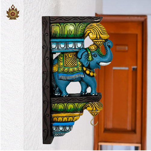 Multicolour Trunk-Up Elephant Bracket Hand Carved (single)