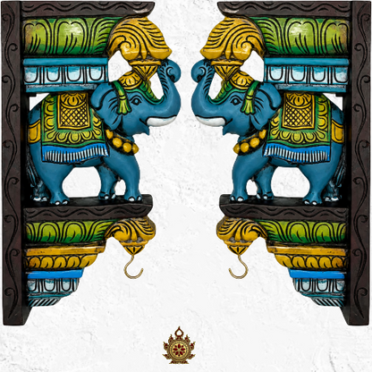Multicolour Trunk-Up Elephant Bracket Hand Carved (single)