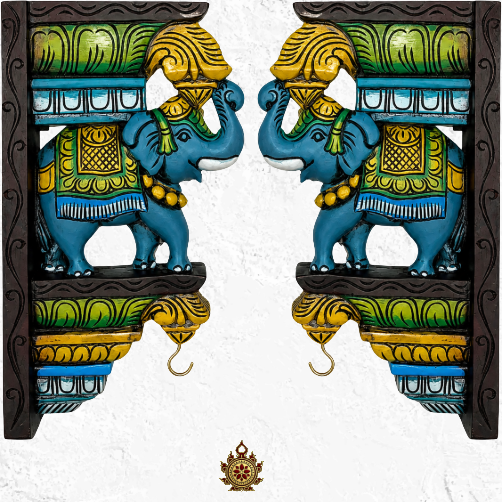 Multicolour Trunk-Up Elephant Bracket Hand Carved (single)