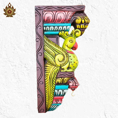 Parrot wood carving wall bracket corbel mahogany wood traditional chettinad handicrafts Bright yellow green (15x7.5x3) Inche (Single)