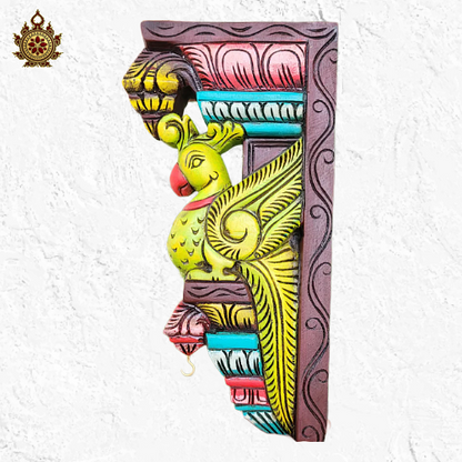 Parrot wood carving wall bracket corbel mahogany wood traditional chettinad handicrafts Bright yellow green (15x7.5x3) Inche (Single)