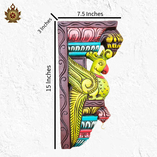 Parrot wood carving wall bracket corbel mahogany wood traditional chettinad handicrafts Bright yellow green (15x7.5x3) Inche (Single)