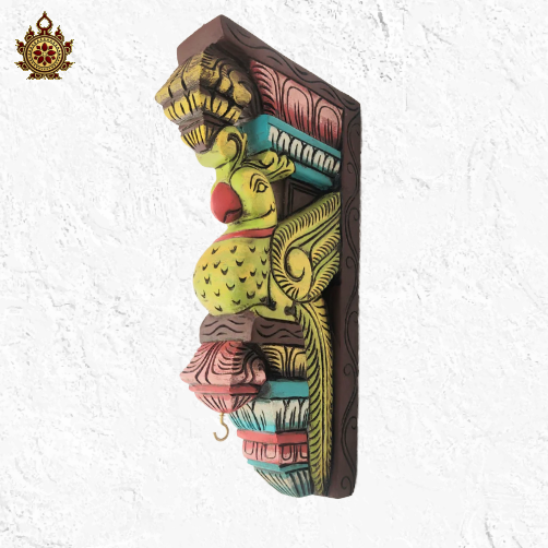 Parrot wood carving wall bracket corbel mahogany wood traditional chettinad handicrafts Bright yellow green (15x7.5x3) Inche (Single)