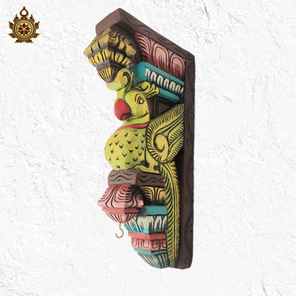 Parrot wood carving wall bracket corbel mahogany wood traditional chettinad handicrafts Bright yellow green (15x7.5x3) Inche (Single)