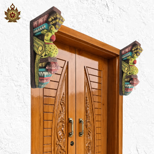Parrot wood carving wall bracket corbel mahogany wood traditional chettinad handicrafts Bright yellow green (15x7.5x3) Inche (Single)