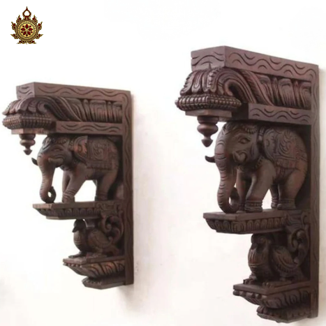 Elephant brackets with peacocks wooden polished heritage Style (Single)