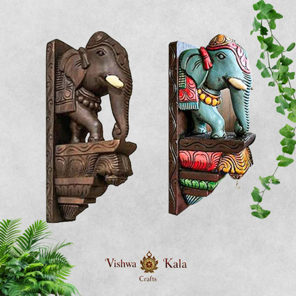 Handcarved Mahogany Elephant Bracket - Multicolour Wall Corbel (Single)