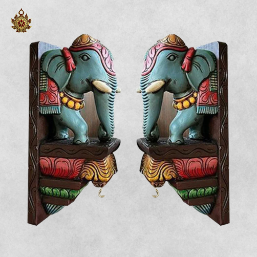 Handcarved Mahogany Elephant Bracket - Multicolour Wall Corbel (Single)