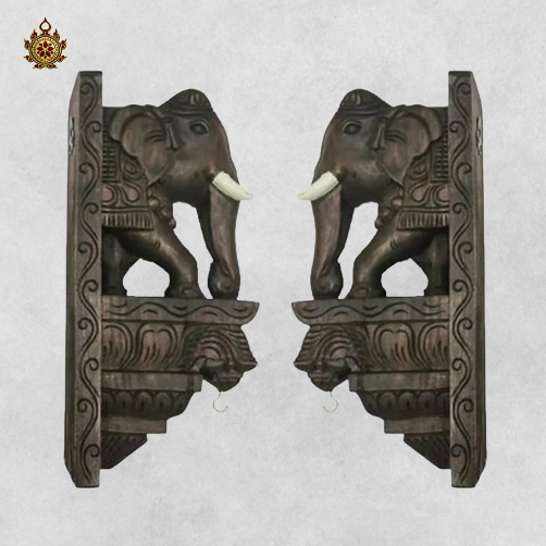 Handcarved Mahogany Elephant Bracket - Multicolour Wall Corbel (Single)