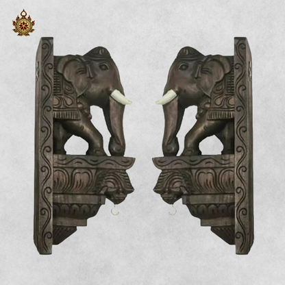 Handcarved Mahogany Elephant Bracket - Multicolour Wall Corbel (Single)