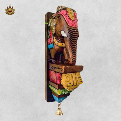 Handcarved Mahogany Elephant Bracket - Multicolour Wall Corbel (Single)