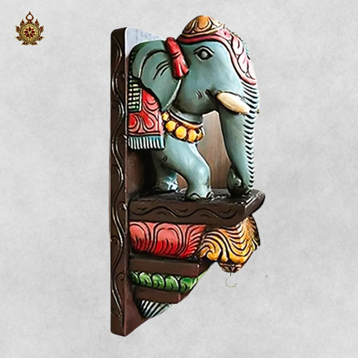 Handcarved Mahogany Elephant Bracket - Multicolour Wall Corbel (Single)