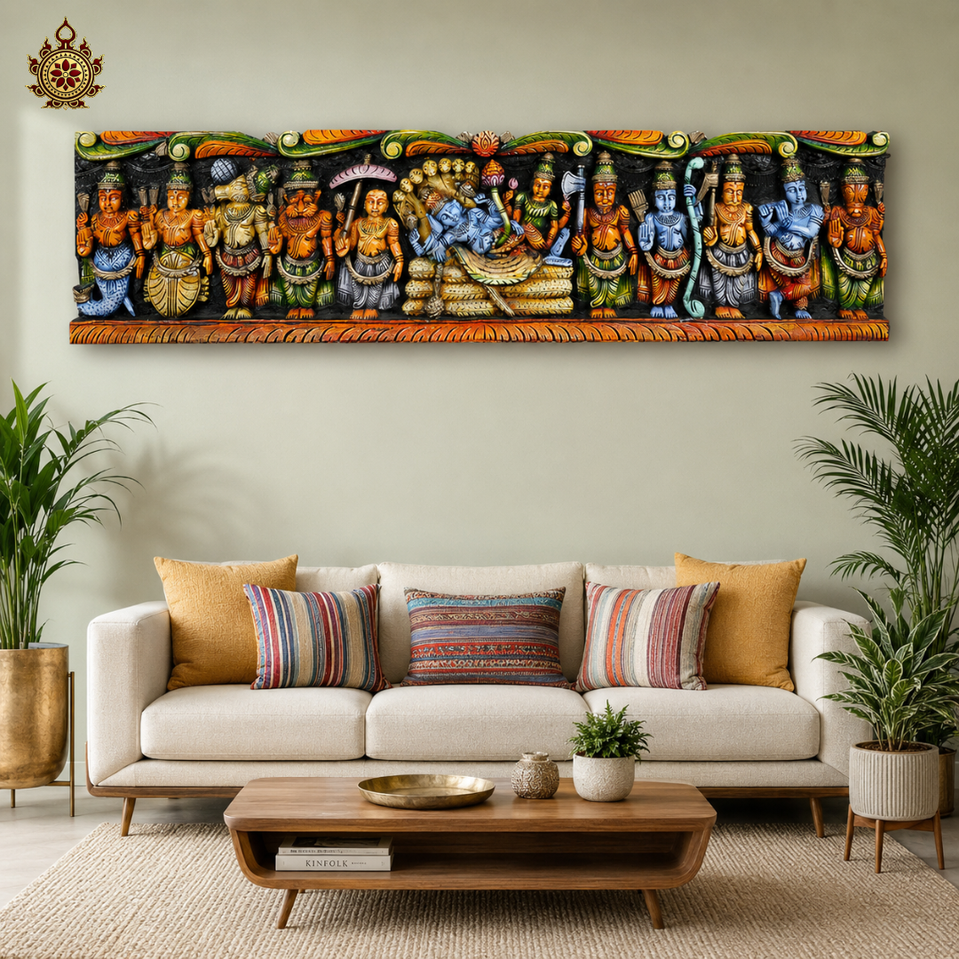 Dasavatar Horizontal Panel with Resting Vishnu Handcarved in Vagai