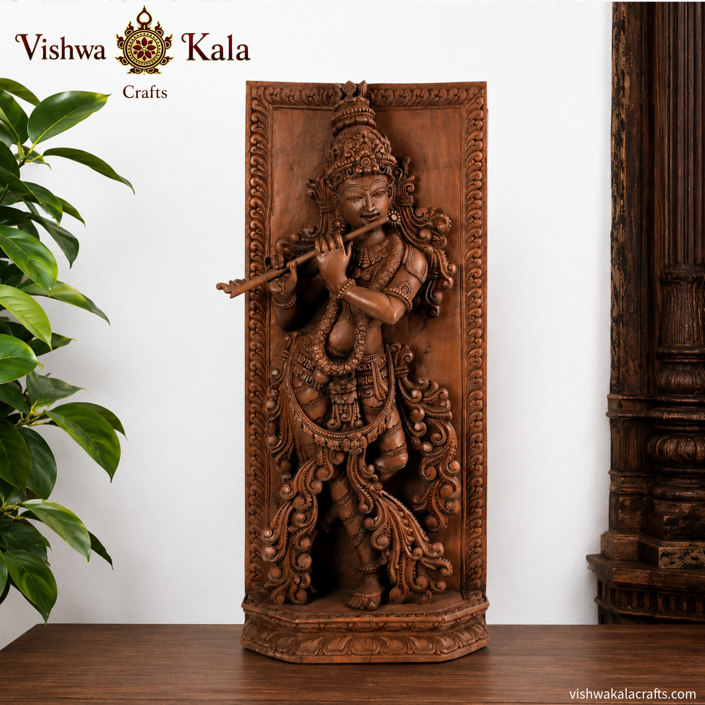Teakwood Krishna Panel Flute Pose, Hand-Carved