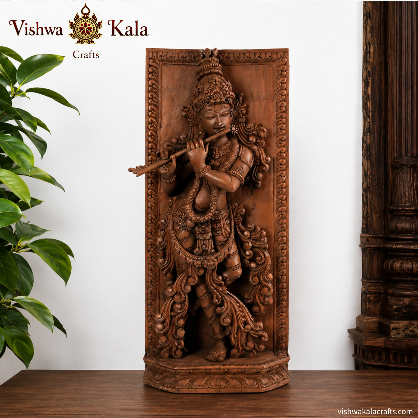 Teakwood Krishna Panel Flute Pose, Hand-Carved