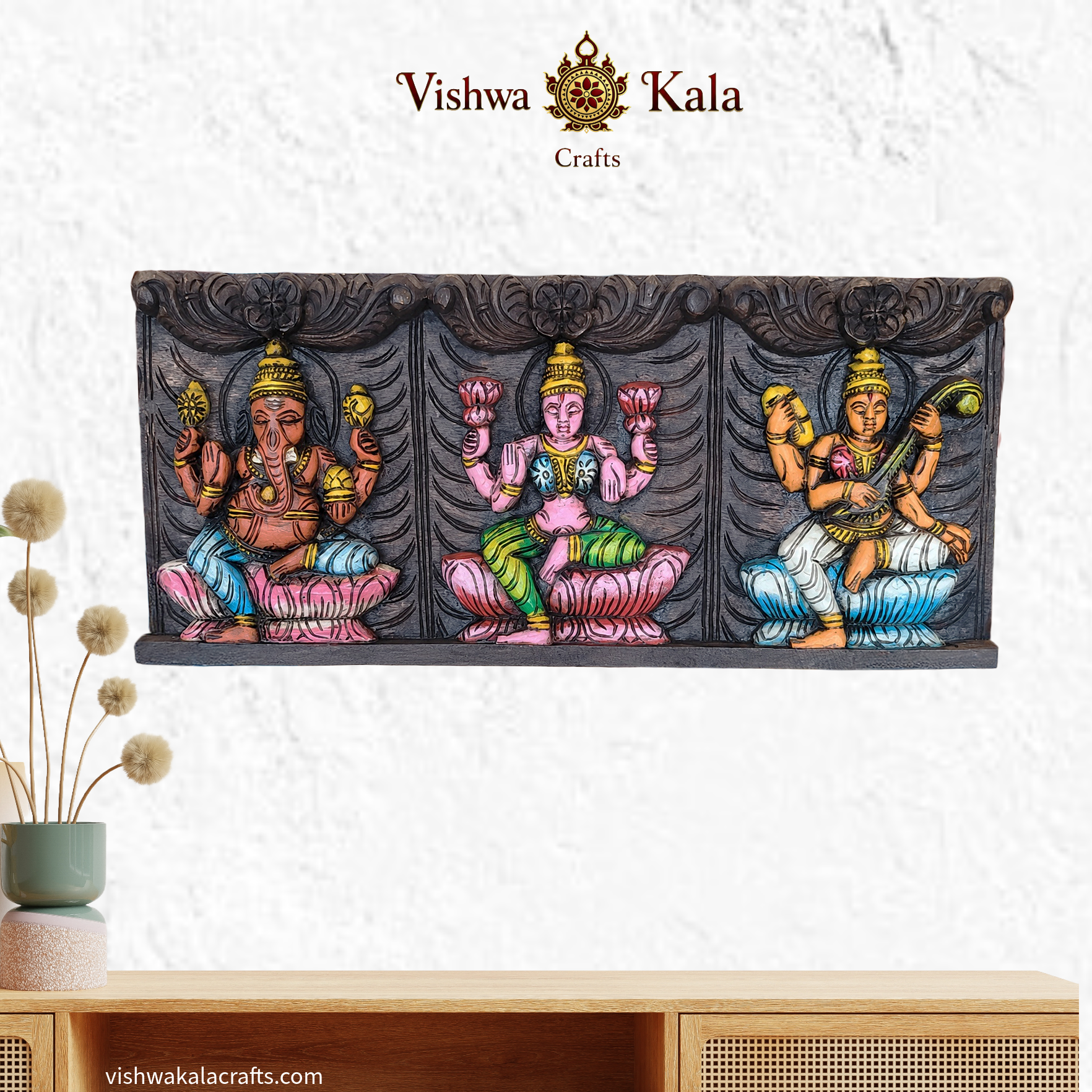 lakshmi-ganesha-saraswathy-wooden-wall-panel. frame